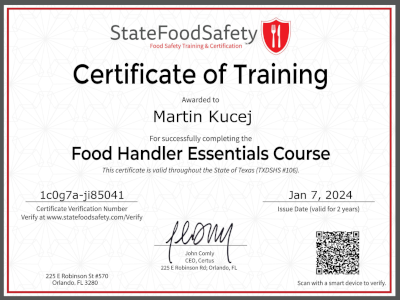 Food handler certificate