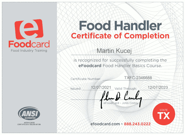 Food handler certificate
